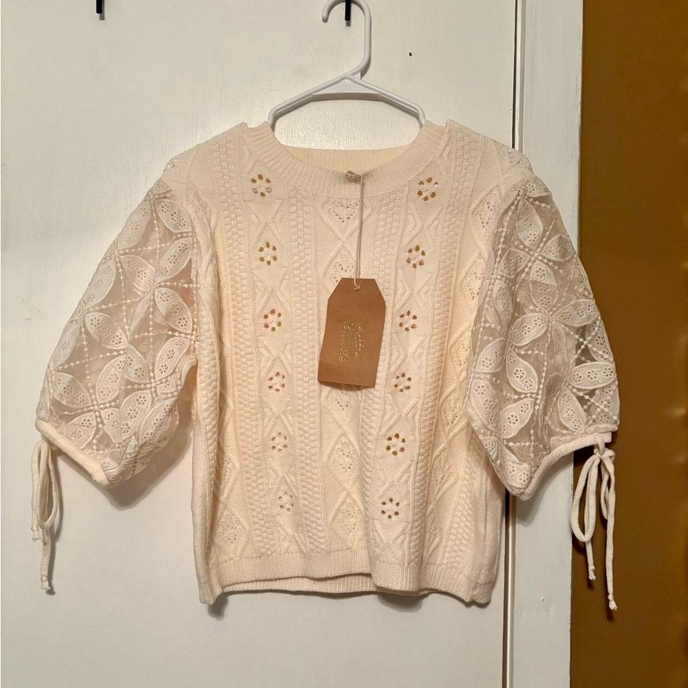 NWT Crochet Sleeve Cable Knit Sweater Top
